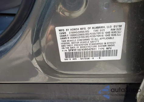 2008 Honda Pilot Vp z USA, uszkodzony, nr VIN 5FNYF182X8B042931